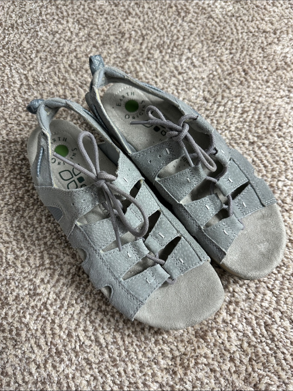 Earth Origins Sassy Light Gray Suede Lace-Up Sandals